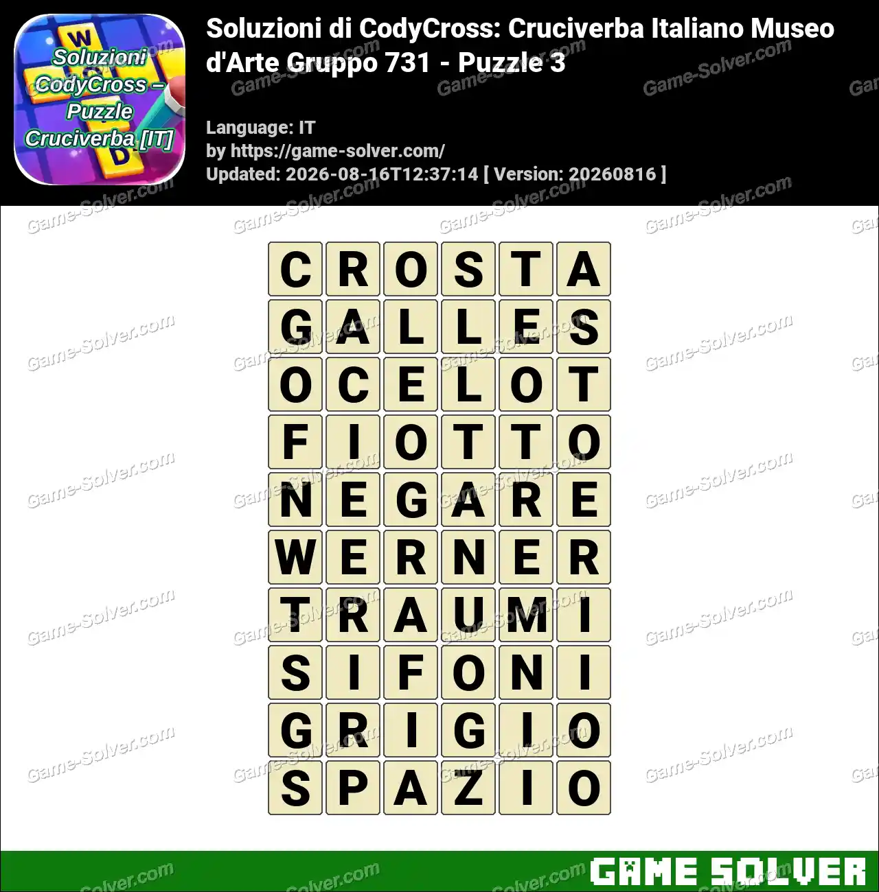 Soluzioni di CodyCross: Cruciverba Italiano Museo d’Arte Gruppo 731 – Puzzle 3